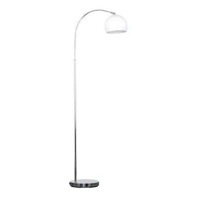 Designer Style Polished Chrome Stem Floor Lamp with a Gloss White Arco Style Metal Dome Light Sh