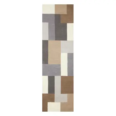 (Beige, Runner: x cm) Modern Geometric Checkered Multi Coloured Rugs 100% Wool Hand Made Eco Fri