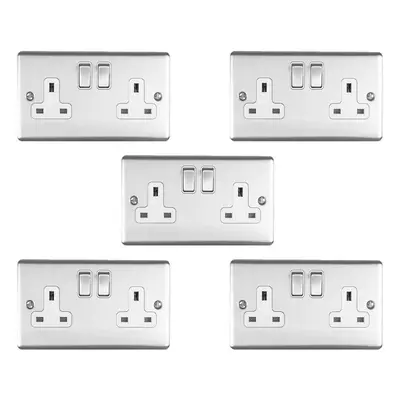 5 PACK Gang Double UK Plug Socket SATIN STEEL & White 13A Switched Outlet