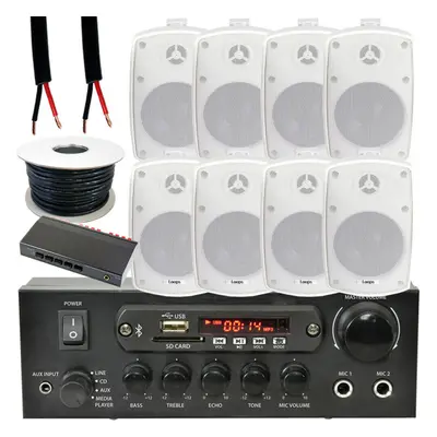 4 Zone Bluetooth Kit 8x 60W Outdoor White Speakers Stereo Amplifier Garden BBQ