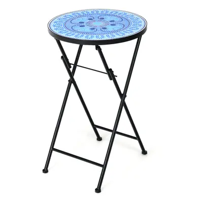 Folding Mosaic Side Table 36cm Round w/ Four Petals Ceramic Tile Top