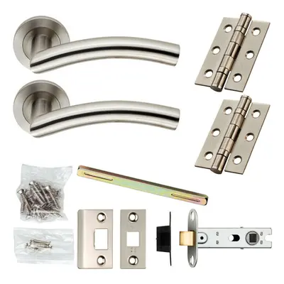 Door Handle & Latch Pack Satin Steel Curved Bar Lever Screwless Round Rose