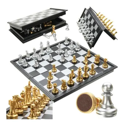 Chess Game Silver Gold Pieces Folding Magnetic Foldable Board Contemporary Set