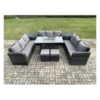 Fimous Outdoor Rattan Furniture Garden Dining Set Gas Fire Pit Table With Side Tables Lounge Sof