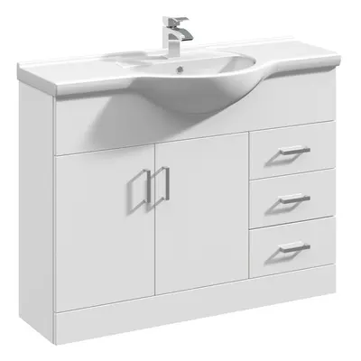 2 Door Drawer Vanity Basin Unit with Round Basin - 1050mm - Gloss White