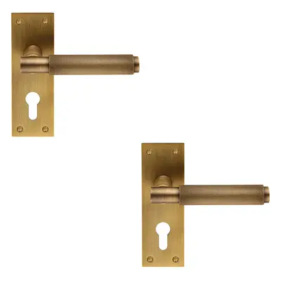 2x PAIR Knurled Round Lever on Slim Euro Lock Backplate x 50mm Antique Brass