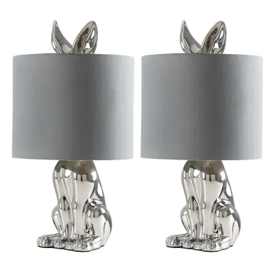 Pair of Modern Chrome Ceramic Rabbit/Hare Table Lamps with a Grey Shade