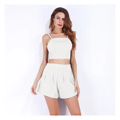 (White, S) Sexy Women Two Piece Set Spaghetti Strap Backless Bandage Crop Top Pleated Shorts Sui