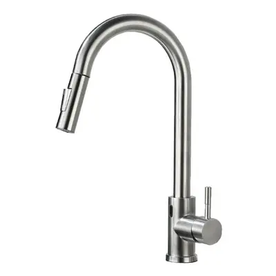 (Silver) Touch Sensor Kitchen Sink Pull Out Faucet Stainless Steel With Down Sprayer Rotary Hous