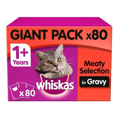 80pc Whiskas 1+ Cat Food Pouches Meat Selection In Gravy