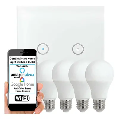 WiFi Light Switch & Bulb 4x 10W E27 Warm White Lamp & Double Wireless Wall Plate