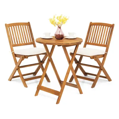 3PCS Outdoor Acacia Table & Folding Chair Patio Bistro Set w/ Cushion