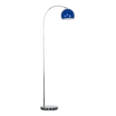 Designer Style Polished Chrome Stem Floor Lamp with a Gloss Navy Blue Arco Style Metal Dome Ligh