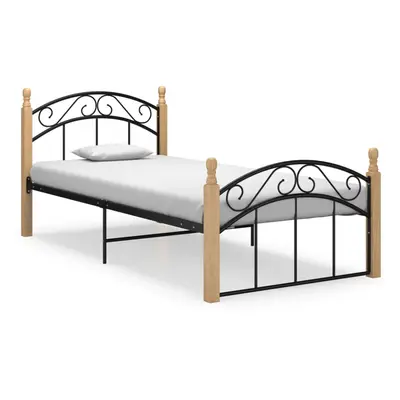 vidaXL Bed Frame Black Metal and Solid Oak Wood 100x200 cm Bedroom Furniture