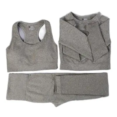 (Dark Grey, 5Pcs Set) Women Seamless Yoga Set Gym SportWear Running Outwork Fitness Long SLeeve 