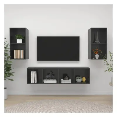 vidaXL 4x Wall Mounted TV Cabinets High Gloss Grey Chipboard Stand Living Room