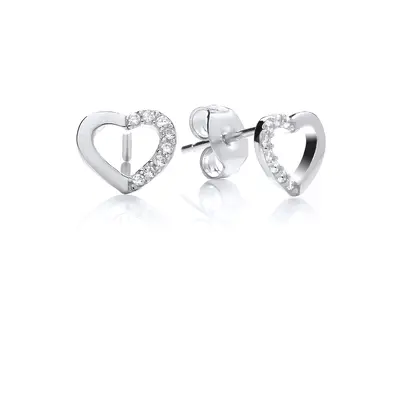 Jewelco London Ladies Rhodium Plated Sterling Silver CZ Semi Set Open Love Heart Stud Earrings -