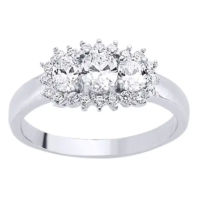 (N) Jewelco London Ladies Rhodium Plated Sterling Silver Cubic Zirconia Trilogy Cluster Engageme