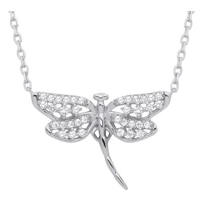 Jewelco London Ladies Rhodium Plated Sterling Silver CZ Majestic Dragonfly Lavalier Necklace + i