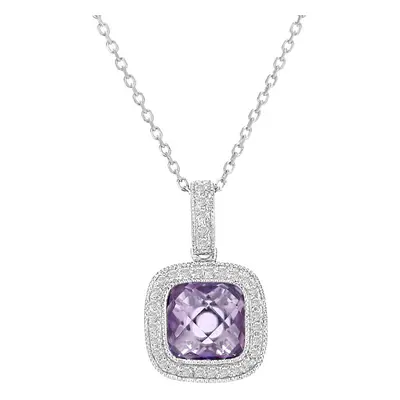 Jewelco London 9ct White Gold Round 10pts Diamond Cushion 1.25ct Amethyst Cocktail Pendant Neckl