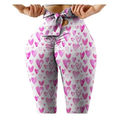 (Pink, L) Wave Point Bow Yoga Pants for Women Push Up Workout Sport Fitness High Waist Squat Pro