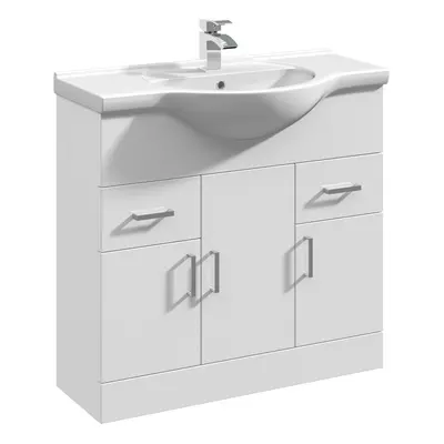 3 Door Drawer Bathroom Vanity Basin Unit with Round Basin - 850mm - Gloss White