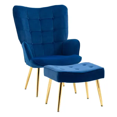 HOMCOM Button Tufted Armchair with Footstool and Gold Tone Steel Legs Dark Blue