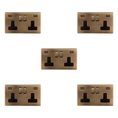 5 PACK Gang Double 13A UK Plug Socket & 2.1A USB-A SCREWLESS ANTIQUE BRASS