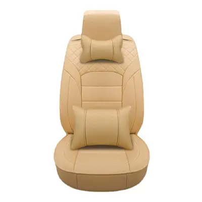 (Beige Deluxe Edition) Luxury PU Leather Car Seat Cover Universal 5-Seat Full Set Seat Cover