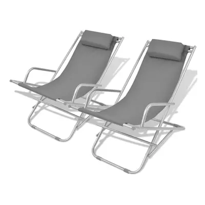 vidaXL 2x Reclining Deck Chairs Grey Steel Outdoor Sunloungers Swing Chairs