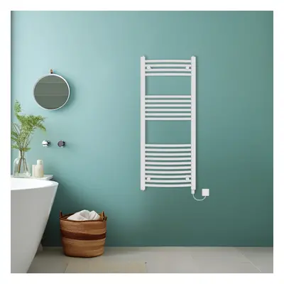 (White, 1200x500mm) Bathroom Curved Prefilled Electric Heated Towel Rail Ladder Warmer Radiator