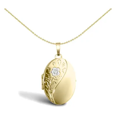 Jewelco London Ladies 9ct Yellow and White Gold Engraved Flower Oval Locket Pendant - JLC125