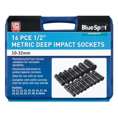 BlueSpot 16 Piece 1/2" Deep Impact Sockets 10-32mm