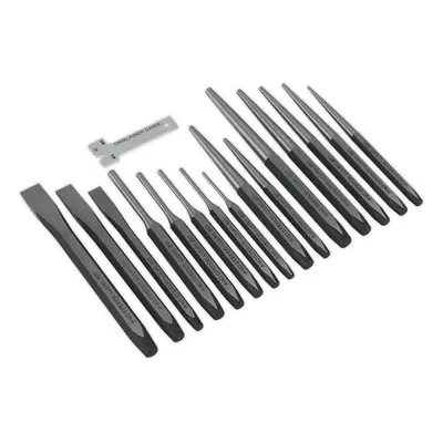 16 Piece Steel Punch & Chisel Set - Hardened & Tempered - Sharpening Gauge