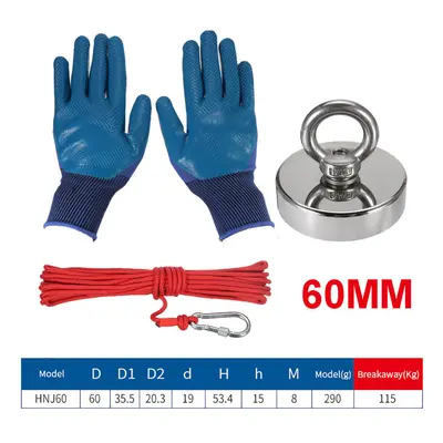 (60mm) HNJ48/60/75mm Strong Neodymium Fishing Magnet Set With 10m Rope And Gloves Fishing Tools