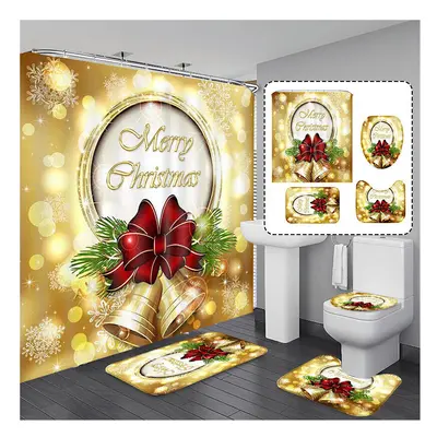 (C) 180x180cm Golden Bell Bow Waterproof Shower Curtain 3-in-1 Non-slip Odorless Bath Mat Kit