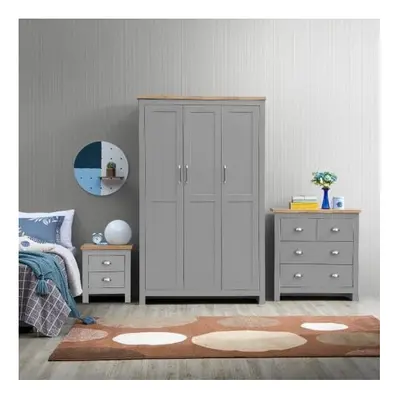 3 Piece Set Doors Wardrobe Drawer Chest Bedside Table Light Grey