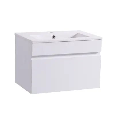 NRG 600mm Gloss White Wall Hung Vanity Sink Unit Ceramic Basin Bathroom Drawer Storage Furniture