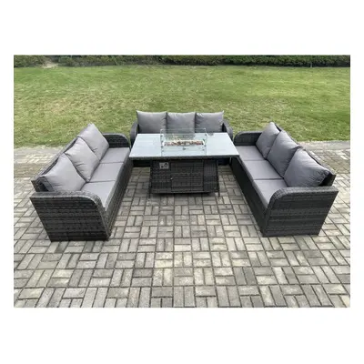 Fimous Rattan Garden Furniture Set with Fire Pit Table Pieces Outdoor Lounge Sofa Set Dark Grey 