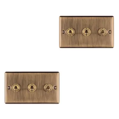 2 PACK Gang Triple Retro Toggle Light Switch ANTIQUE BRASS 10A Way Plate