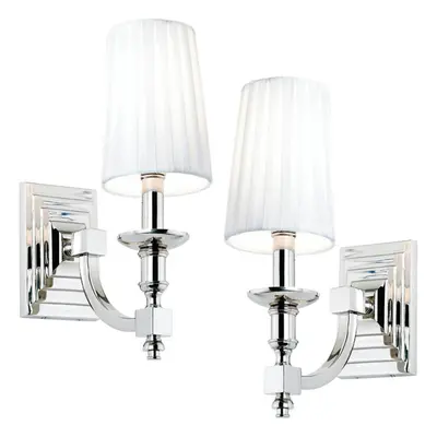 2 PACK Modern Dimmable Wall Light Nickel & White Pleated Shade Bedside Lamp Kit