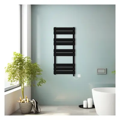 (Black, 1000x450mm) Prefilled Electric Heated Towel Rail Radiator Flat Panel Warmer Ladder