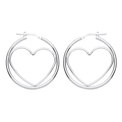 Jewelco London Ladies Sterling Silver Love Heart Outline Hoop Earrings 34mm - ER100