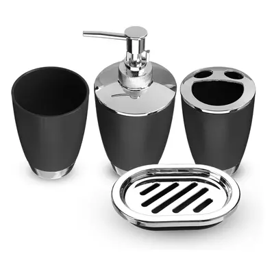 (Black) 4Pcs Plastic Bathroom Set Cup Toothbrush Holder Soap Dish Dispenser Bottle Washroom Acce