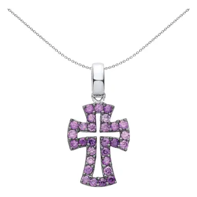 Jewelco London Unisex Rhodium Plated Sterling Silver Purple CZ Graduated Serif Byzantine Cross P