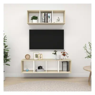 vidaXL TV Cabinet Set Piece White and Sonoma Oak Engineered Wood TV Stand