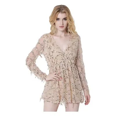 (Beige, M) Sexy Women Mesh Sequined Tassel Romper Deep V Elasticated Waist Sheer Long Sleeve Jum