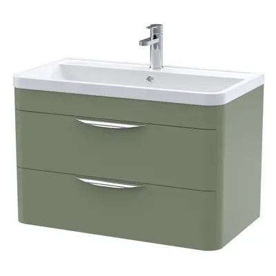 Wall Hung Drawer Vanity Unit with Ceramic Basin - 800mm - Satin Green