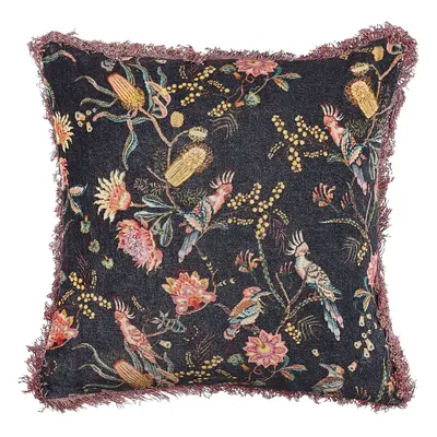 Velvet Fringed Cushion with Flower Pattern x cm Black and Pink MORUS