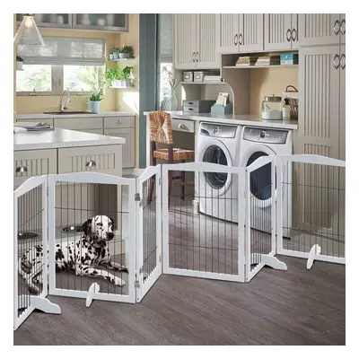 (White, Panels) Wooden Dog Gate Folding Pet Playpen Safety Fence Barrier with Walk Through Door